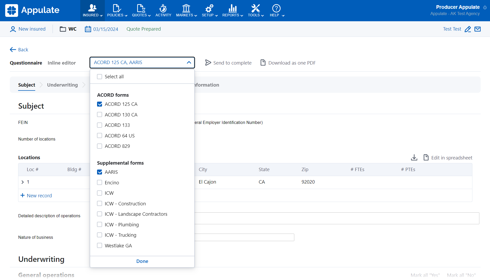 Filling out ACORD and Supplemental forms